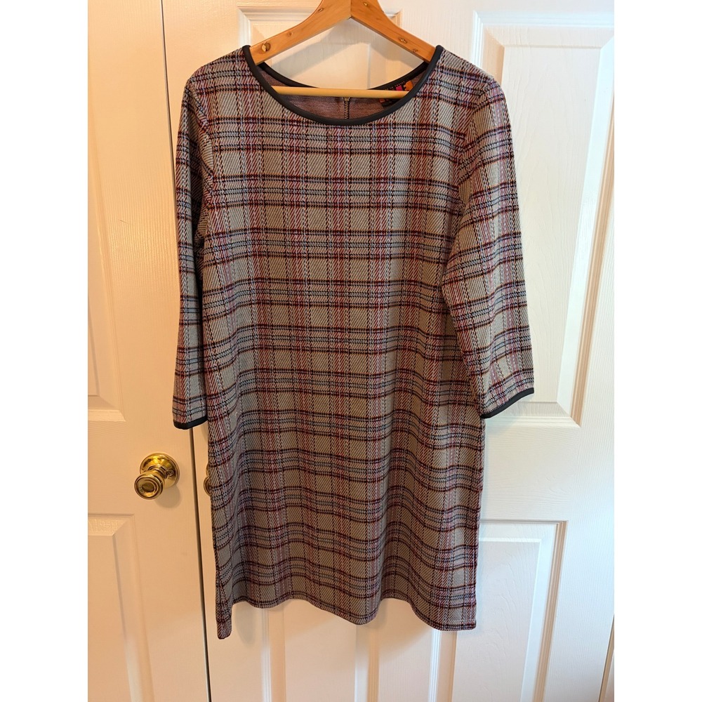 Isle by Melis Kozan Womens Plaid Shift Dress Grey Burgundy Gold Zip L